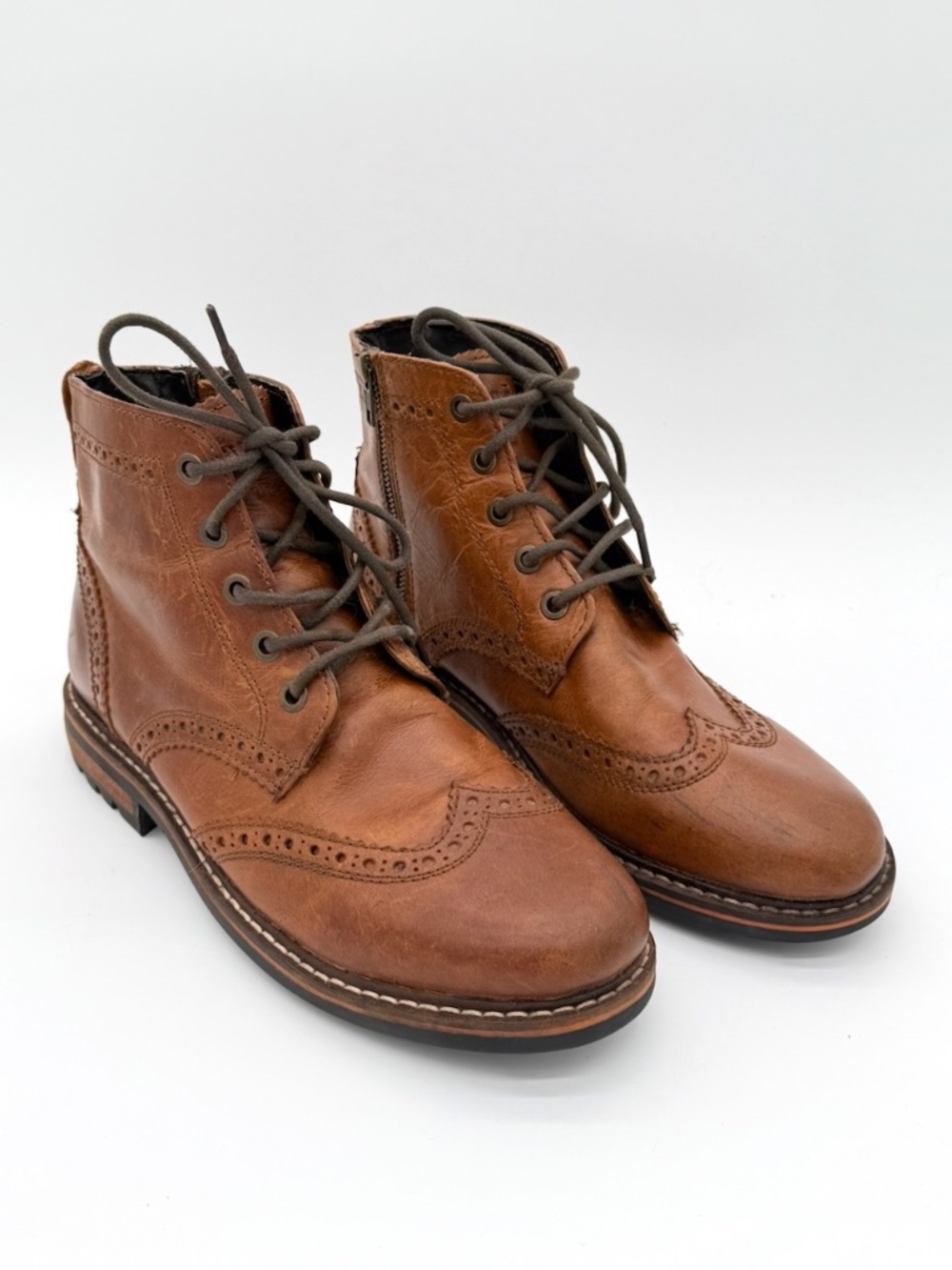 Crevo Speak Easier Mens 11 Chestnut Brown Leather Wingtip Brogue Ankle Boot zip